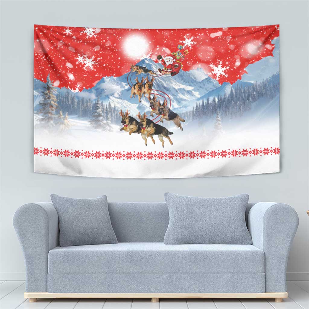 German Shepherd Christmas Tapestry with Santa Sleigh Ride and Snowy Mountain Design - Wonder Print Shop
