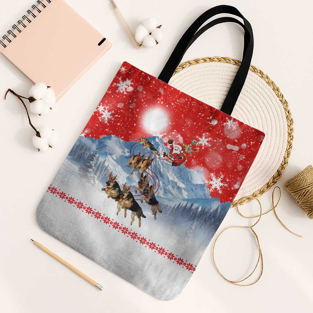 German Shepherd Christmas Tote Bag with Santa Sleigh Ride and Snowy Mountain Design - Wonder Print Shop