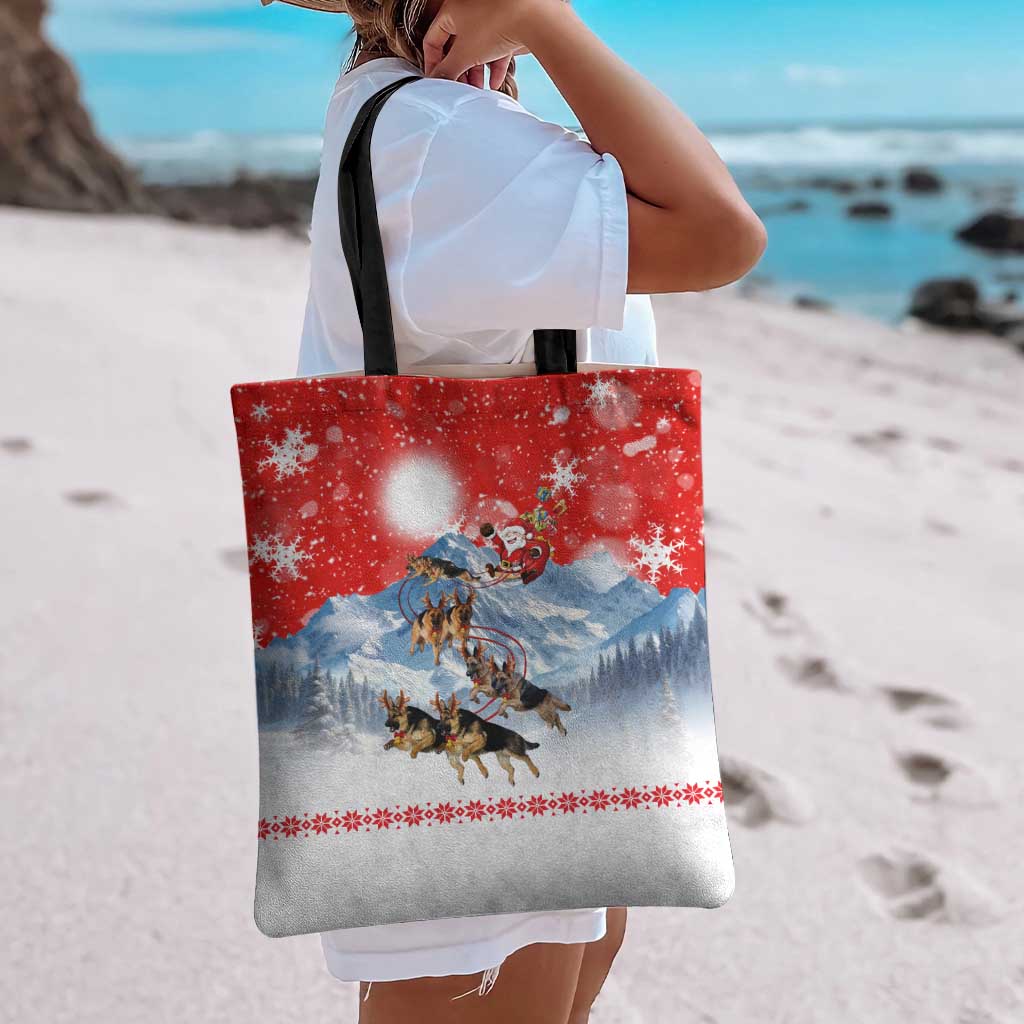 German Shepherd Christmas Tote Bag with Santa Sleigh Ride and Snowy Mountain Design - Wonder Print Shop