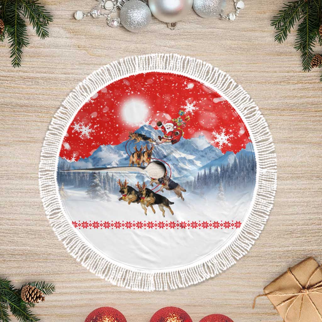 German Shepherd Christmas Tree Skirt with Santa Sleigh Ride and Snowy Mountain Design - Wonder Print Shop