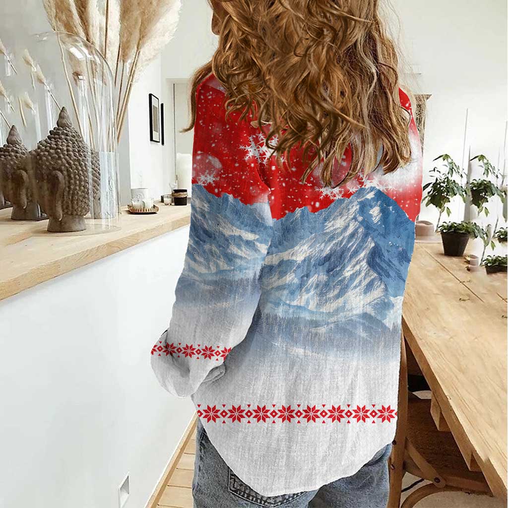German Shepherd Christmas Women Casual Shirt with Santa Sleigh Ride and Snowy Mountain Design - Wonder Print Shop