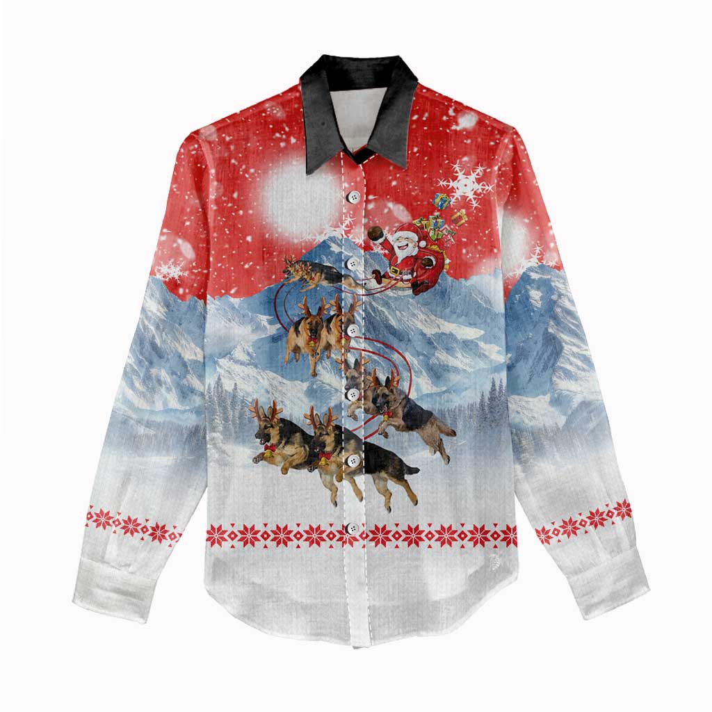 German Shepherd Christmas Women Casual Shirt with Santa Sleigh Ride and Snowy Mountain Design - Wonder Print Shop