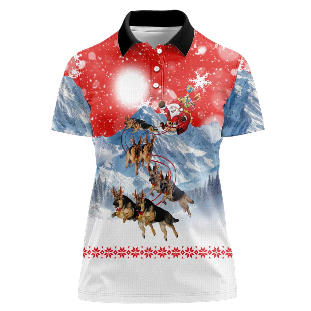 German Shepherd Christmas Women Polo Shirt with Santa Sleigh Ride and Snowy Mountain Design - Wonder Print Shop