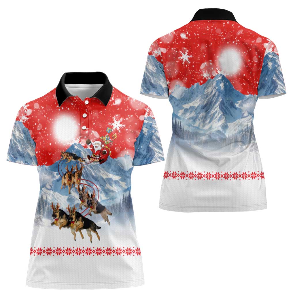 German Shepherd Christmas Women Polo Shirt with Santa Sleigh Ride and Snowy Mountain Design - Wonder Print Shop