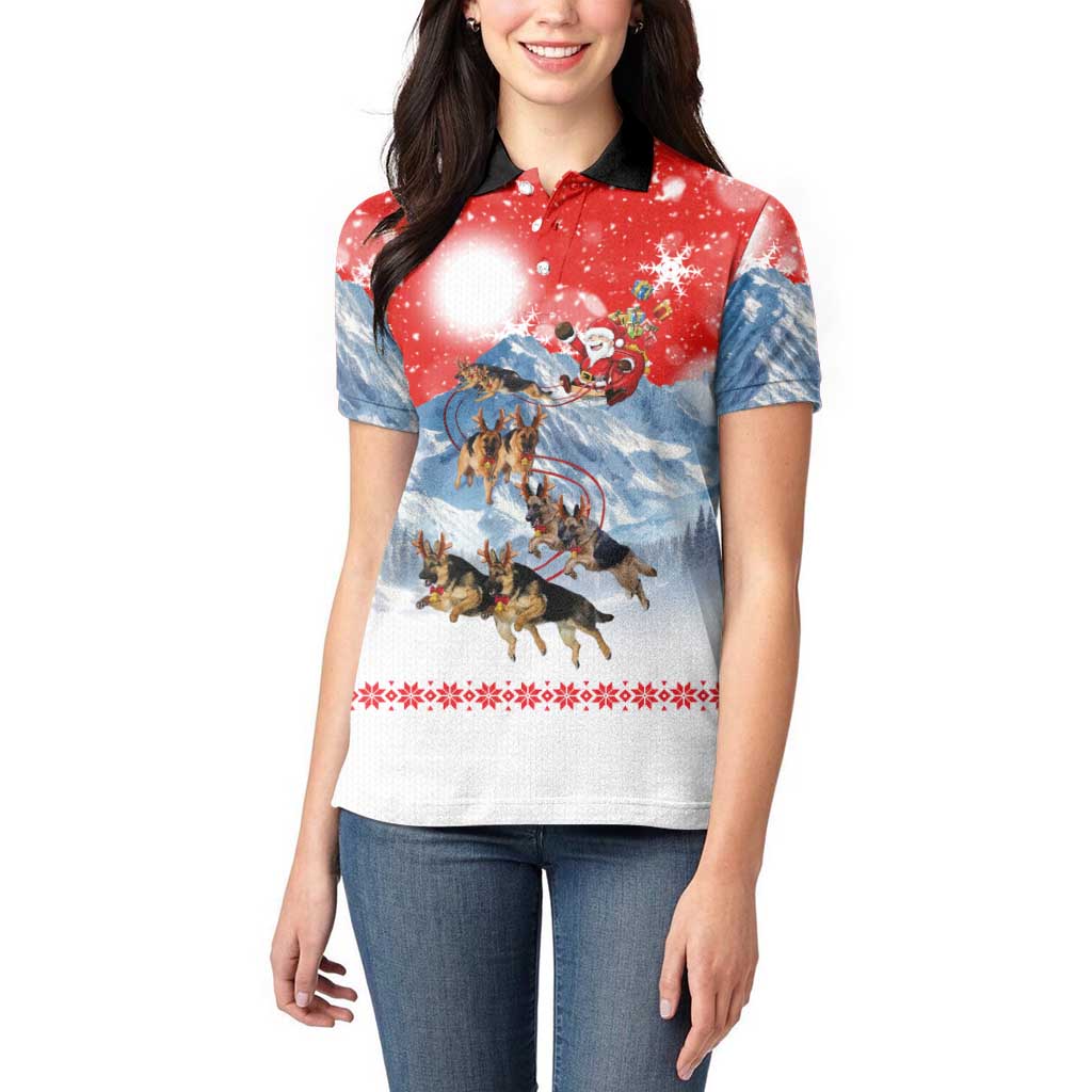 German Shepherd Christmas Women Polo Shirt with Santa Sleigh Ride and Snowy Mountain Design - Wonder Print Shop