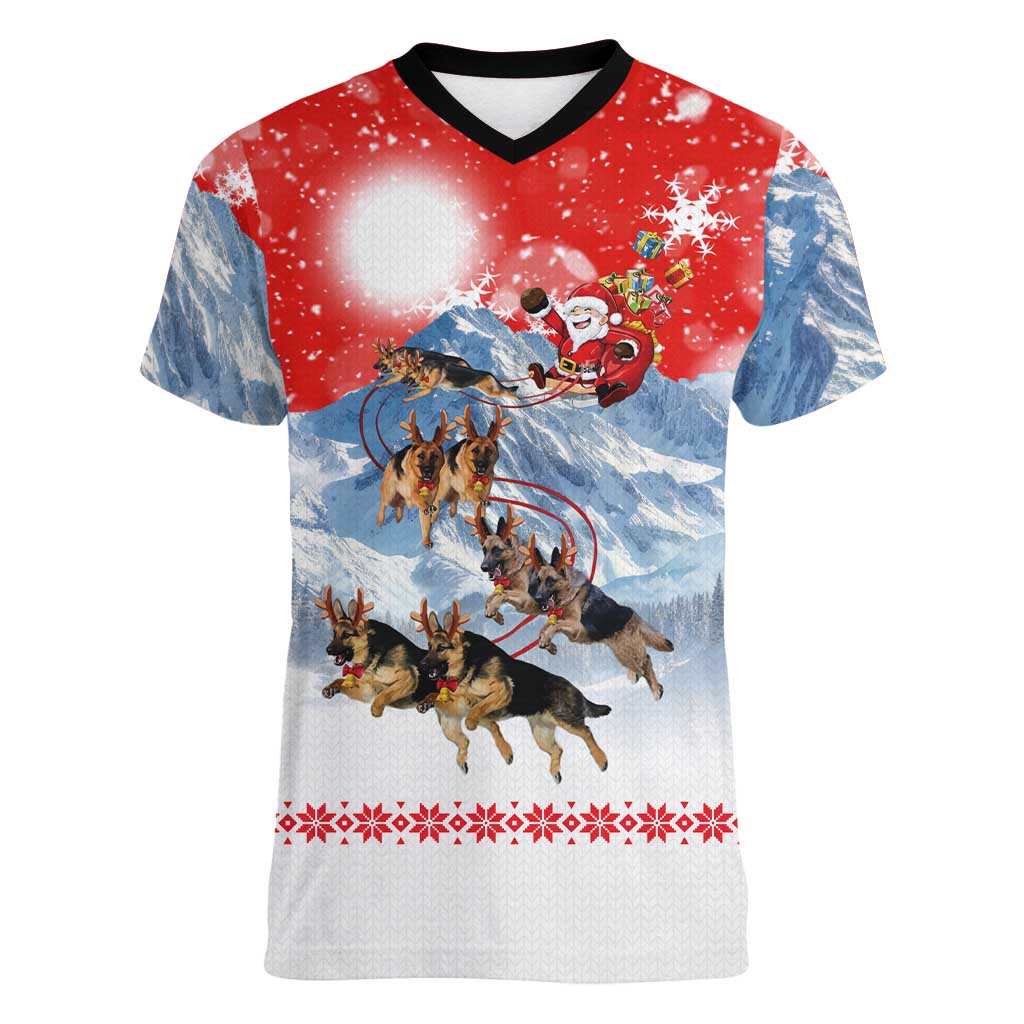 German Shepherd Christmas Women V-Neck T-Shirt with Santa Sleigh Ride and Snowy Mountain Design - Wonder Print Shop