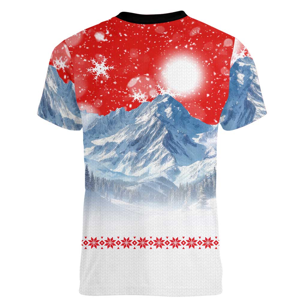 German Shepherd Christmas Women V-Neck T-Shirt with Santa Sleigh Ride and Snowy Mountain Design - Wonder Print Shop