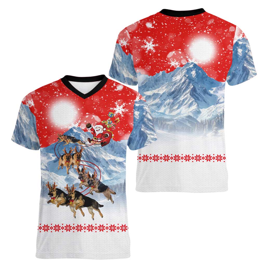 German Shepherd Christmas Women V-Neck T-Shirt with Santa Sleigh Ride and Snowy Mountain Design - Wonder Print Shop