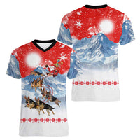 German Shepherd Christmas Women V-Neck T-Shirt with Santa Sleigh Ride and Snowy Mountain Design - Wonder Print Shop