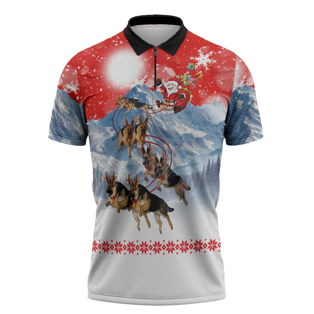 German Shepherd Christmas Zipper Polo Shirt with Santa Sleigh Ride and Snowy Mountain Design - Wonder Print Shop