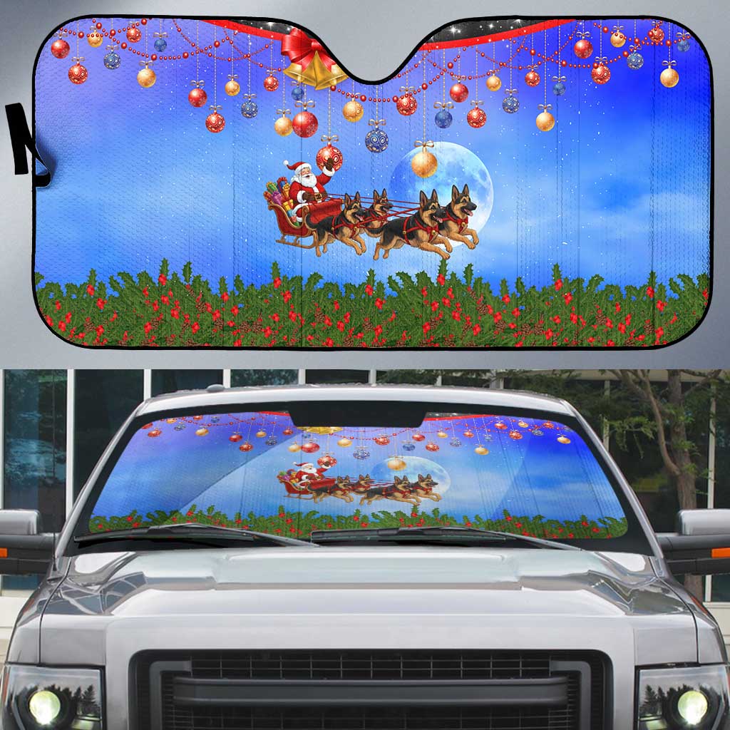 German Shepherd Christmas Auto Sun Shade with Santa Sleigh and Holiday Ornament Design - Wonder Print Shop