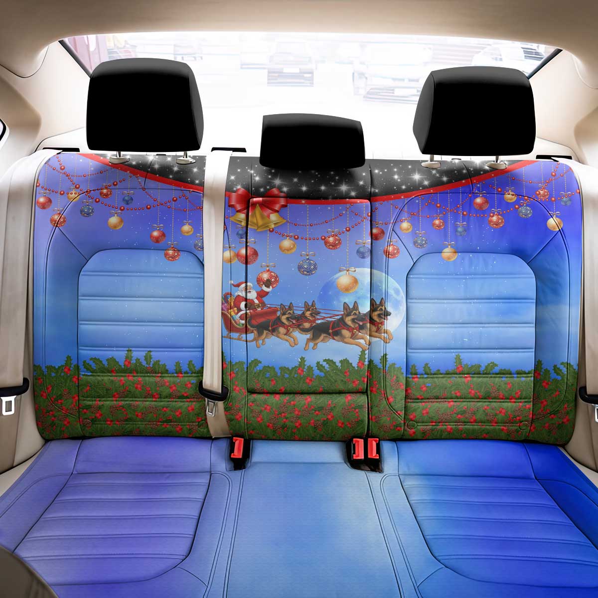 German Shepherd Christmas Back Car Seat Cover with Santa Sleigh and Holiday Ornament Design - Wonder Print Shop
