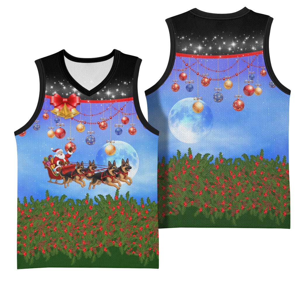 German Shepherd Christmas Basketball Jersey with Santa Sleigh and Holiday Ornament Design - Wonder Print Shop