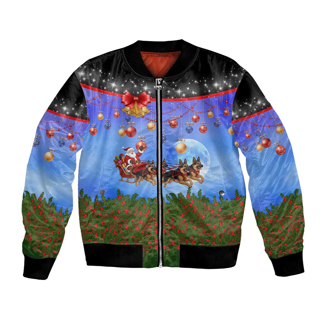 German Shepherd Christmas Bomber Jacket with Santa Sleigh and Holiday Ornament Design - Wonder Print Shop