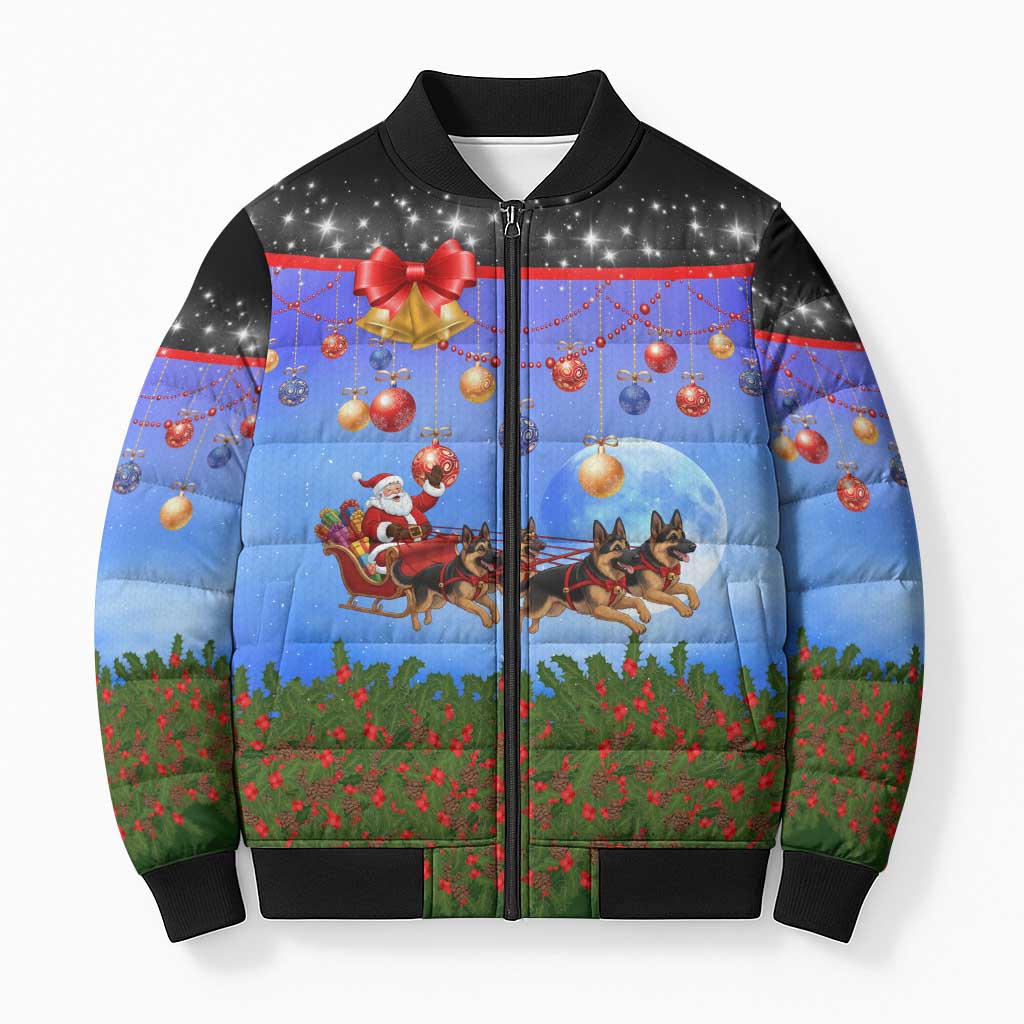 German Shepherd Christmas Bomber Puffer Jacket with Santa Sleigh and Holiday Ornament Design - Wonder Print Shop