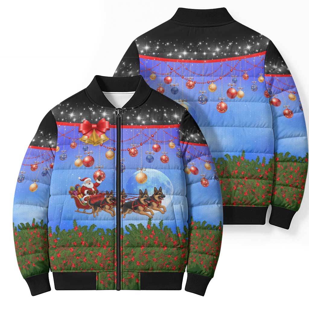 German Shepherd Christmas Bomber Puffer Jacket with Santa Sleigh and Holiday Ornament Design - Wonder Print Shop