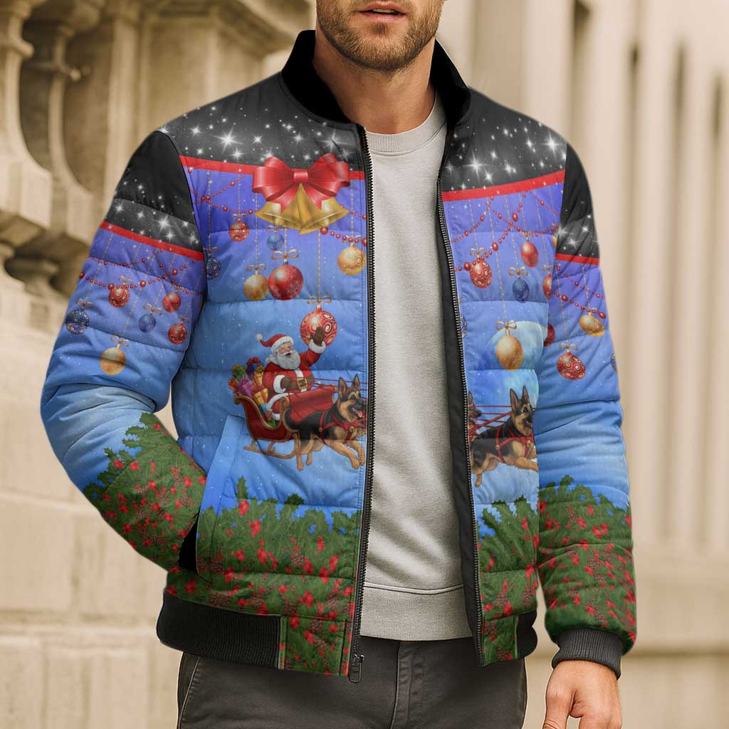 German Shepherd Christmas Bomber Puffer Jacket with Santa Sleigh and Holiday Ornament Design - Wonder Print Shop