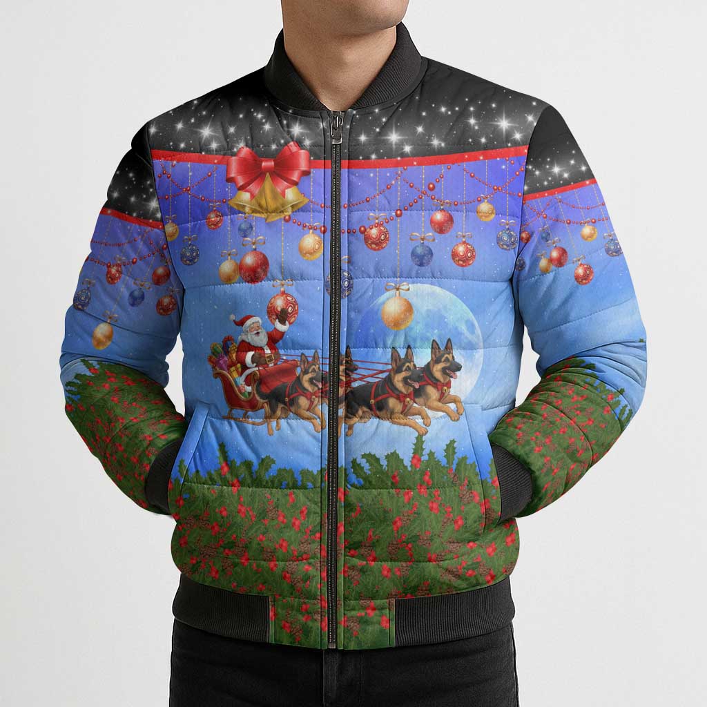 German Shepherd Christmas Bomber Puffer Jacket with Santa Sleigh and Holiday Ornament Design - Wonder Print Shop