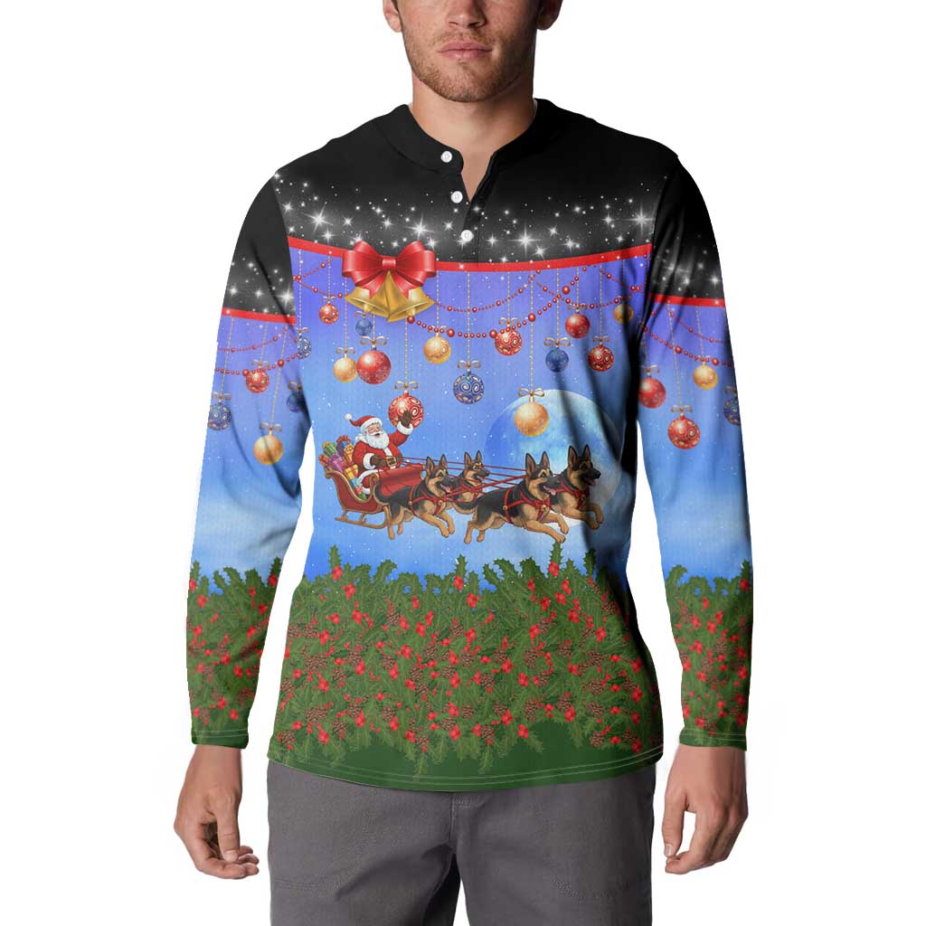 German Shepherd Christmas Button Sweatshirt with Santa Sleigh and Holiday Ornament Design - Wonder Print Shop