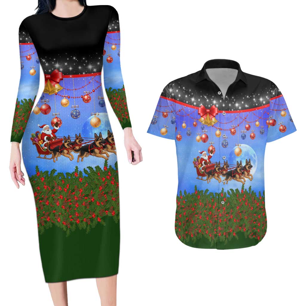 German Shepherd Christmas Couples Matching Long Sleeve Bodycon Dress and Hawaiian Shirt with Santa Sleigh and Holiday Ornament Design - Wonder Print Shop