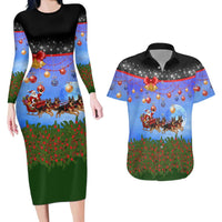 German Shepherd Christmas Couples Matching Long Sleeve Bodycon Dress and Hawaiian Shirt with Santa Sleigh and Holiday Ornament Design - Wonder Print Shop