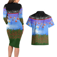 German Shepherd Christmas Couples Matching Long Sleeve Bodycon Dress and Hawaiian Shirt with Santa Sleigh and Holiday Ornament Design - Wonder Print Shop