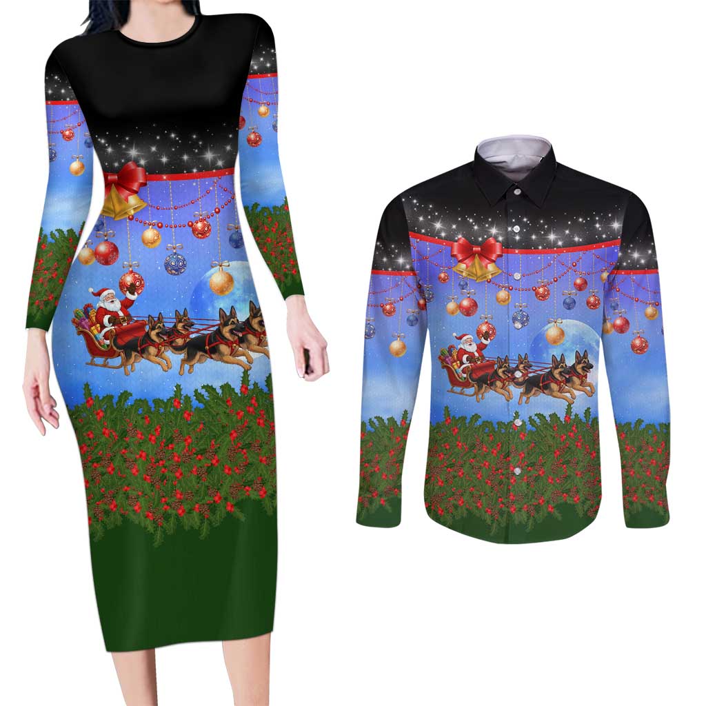 German Shepherd Christmas Couples Matching Long Sleeve Bodycon Dress and Long Sleeve Button Shirt with Santa Sleigh and Holiday Ornament Design - Wonder Print Shop