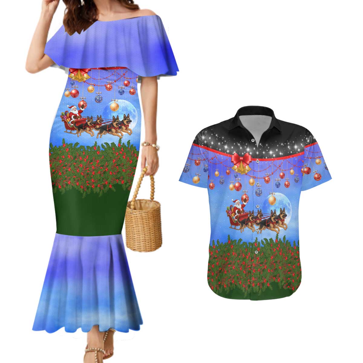 German Shepherd Christmas Couples Matching Mermaid Dress and Hawaiian Shirt with Santa Sleigh and Holiday Ornament Design - Wonder Print Shop