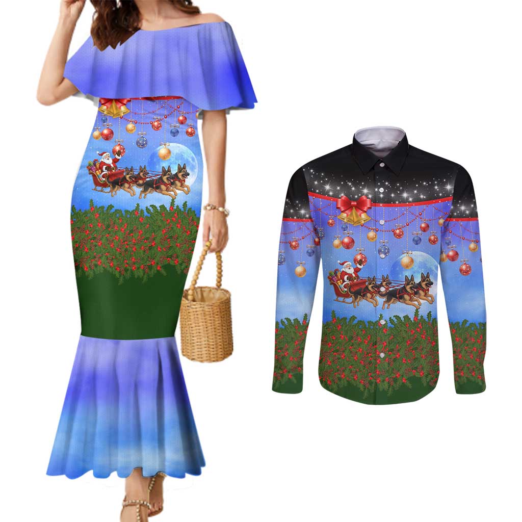 German Shepherd Christmas Couples Matching Mermaid Dress and Long Sleeve Button Shirt with Santa Sleigh and Holiday Ornament Design - Wonder Print Shop