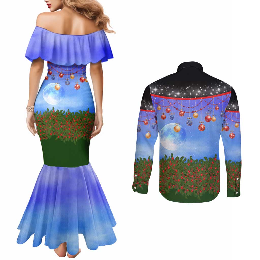 German Shepherd Christmas Couples Matching Mermaid Dress and Long Sleeve Button Shirt with Santa Sleigh and Holiday Ornament Design - Wonder Print Shop