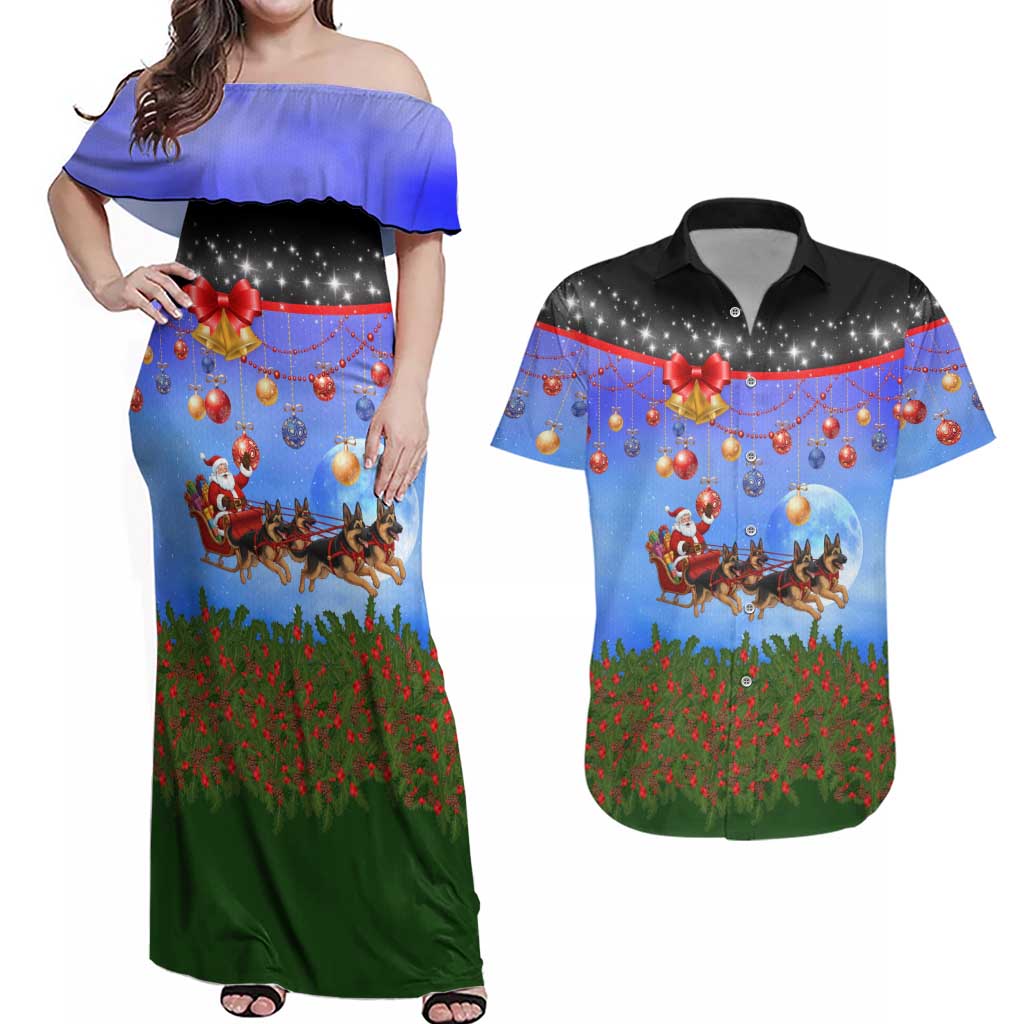 German Shepherd Christmas Couples Matching Off Shoulder Maxi Dress and Hawaiian Shirt with Santa Sleigh and Holiday Ornament Design - Wonder Print Shop
