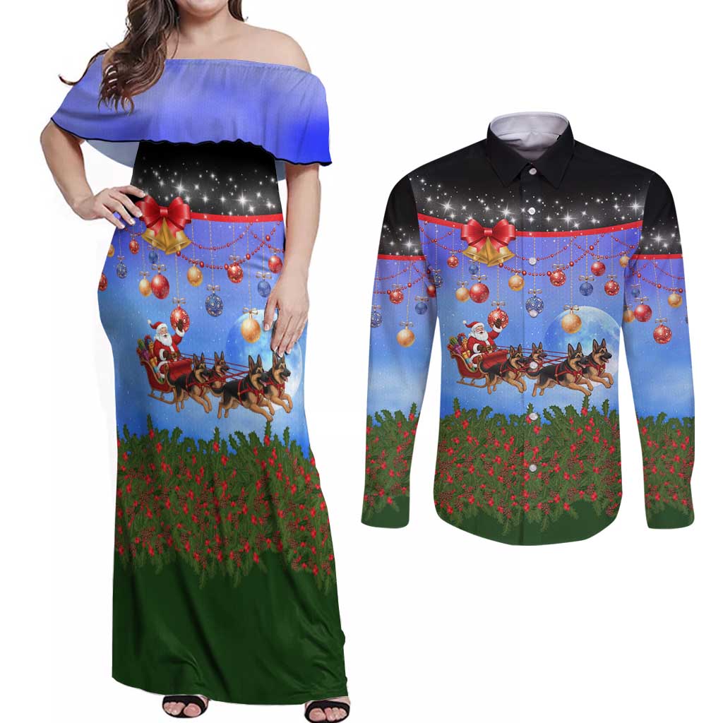 German Shepherd Christmas Couples Matching Off Shoulder Maxi Dress and Long Sleeve Button Shirt with Santa Sleigh and Holiday Ornament Design - Wonder Print Shop