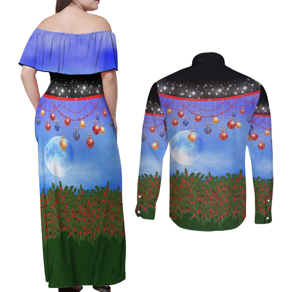 German Shepherd Christmas Couples Matching Off Shoulder Maxi Dress and Long Sleeve Button Shirt with Santa Sleigh and Holiday Ornament Design - Wonder Print Shop