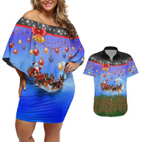 German Shepherd Christmas Couples Matching Off Shoulder Short Dress and Hawaiian Shirt with Santa Sleigh and Holiday Ornament Design - Wonder Print Shop