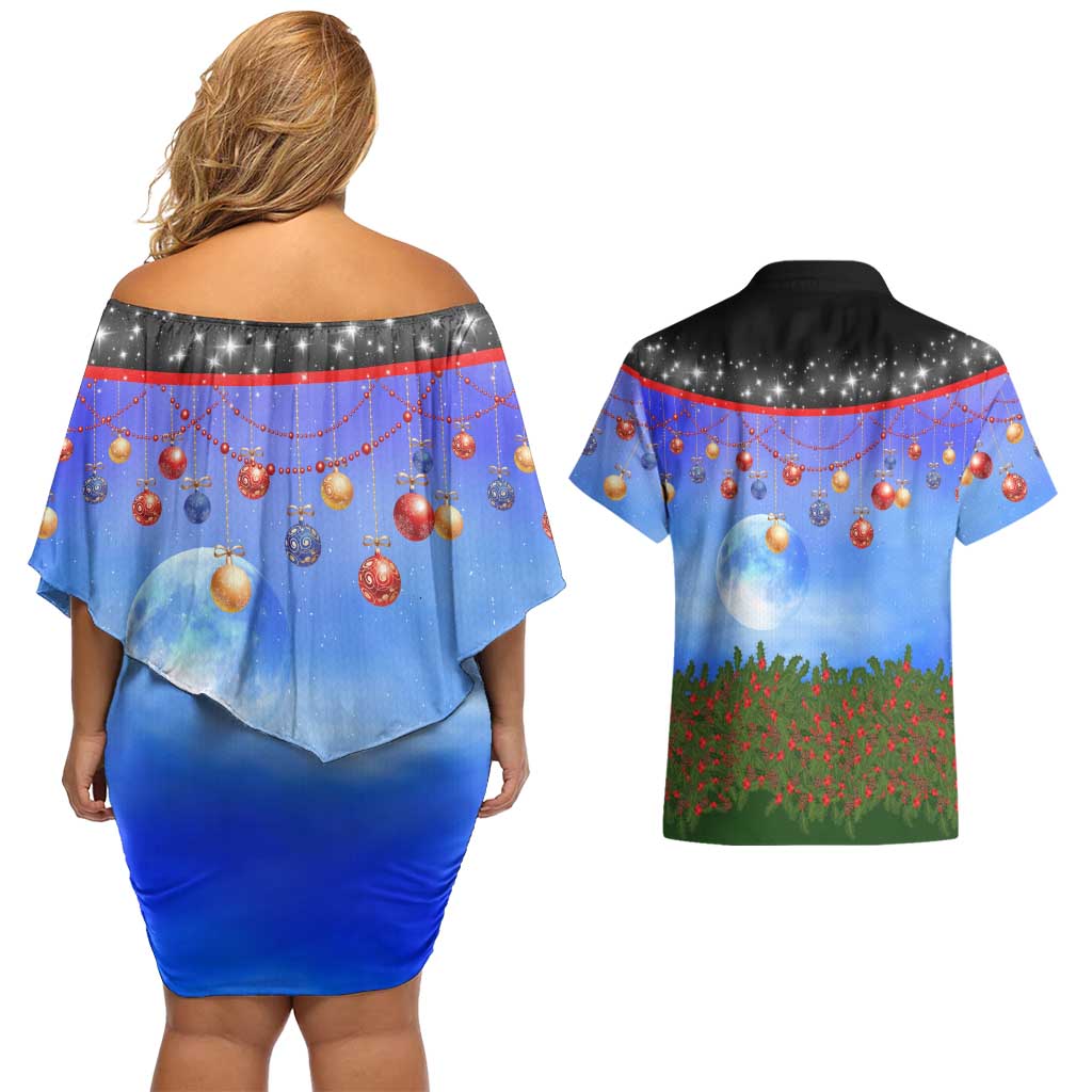 German Shepherd Christmas Couples Matching Off Shoulder Short Dress and Hawaiian Shirt with Santa Sleigh and Holiday Ornament Design - Wonder Print Shop
