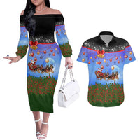 German Shepherd Christmas Couples Matching Off The Shoulder Long Sleeve Dress and Hawaiian Shirt with Santa Sleigh and Holiday Ornament Design - Wonder Print Shop