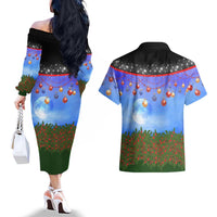 German Shepherd Christmas Couples Matching Off The Shoulder Long Sleeve Dress and Hawaiian Shirt with Santa Sleigh and Holiday Ornament Design - Wonder Print Shop