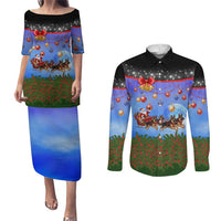 German Shepherd Christmas Couples Matching Puletasi and Long Sleeve Button Shirt with Santa Sleigh and Holiday Ornament Design - Wonder Print Shop