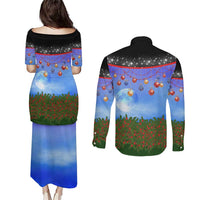 German Shepherd Christmas Couples Matching Puletasi and Long Sleeve Button Shirt with Santa Sleigh and Holiday Ornament Design - Wonder Print Shop