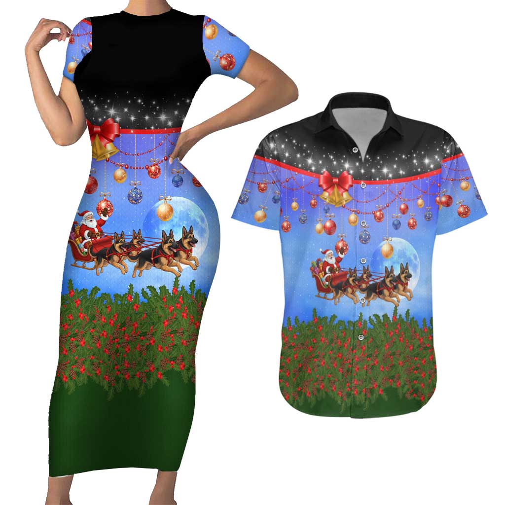 German Shepherd Christmas Couples Matching Short Sleeve Bodycon Dress and Hawaiian Shirt with Santa Sleigh and Holiday Ornament Design - Wonder Print Shop