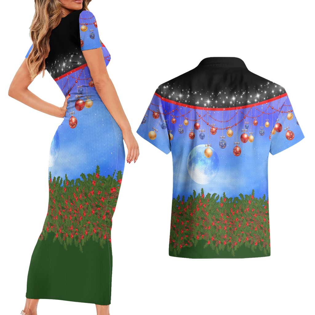 German Shepherd Christmas Couples Matching Short Sleeve Bodycon Dress and Hawaiian Shirt with Santa Sleigh and Holiday Ornament Design - Wonder Print Shop