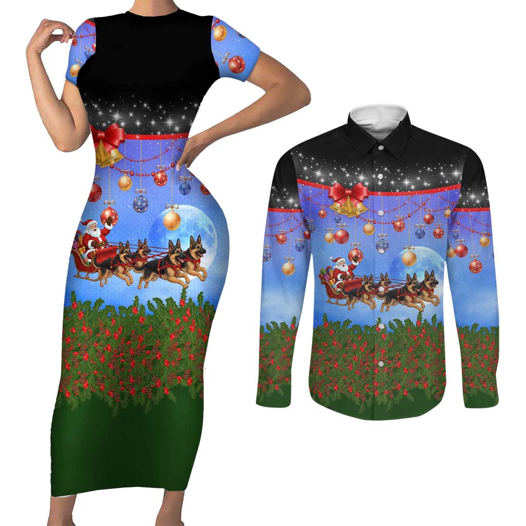 German Shepherd Christmas Couples Matching Short Sleeve Bodycon Dress and Long Sleeve Button Shirt with Santa Sleigh and Holiday Ornament Design - Wonder Print Shop