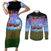German Shepherd Christmas Couples Matching Short Sleeve Bodycon Dress and Long Sleeve Button Shirt with Santa Sleigh and Holiday Ornament Design - Wonder Print Shop