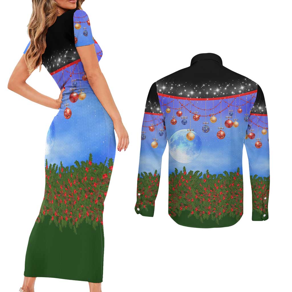 German Shepherd Christmas Couples Matching Short Sleeve Bodycon Dress and Long Sleeve Button Shirt with Santa Sleigh and Holiday Ornament Design - Wonder Print Shop