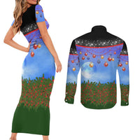 German Shepherd Christmas Couples Matching Short Sleeve Bodycon Dress and Long Sleeve Button Shirt with Santa Sleigh and Holiday Ornament Design - Wonder Print Shop