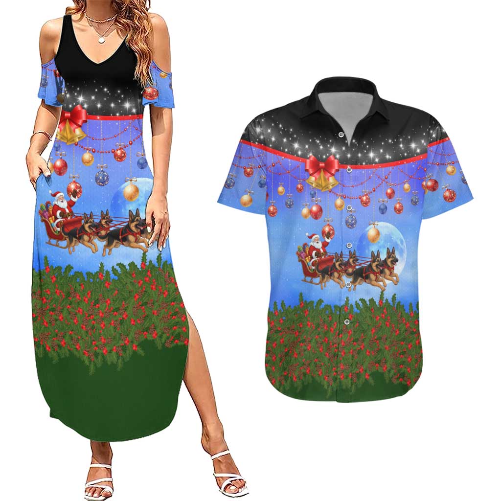 German Shepherd Christmas Couples Matching Summer Maxi Dress and Hawaiian Shirt with Santa Sleigh and Holiday Ornament Design - Wonder Print Shop