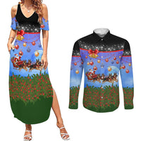 German Shepherd Christmas Couples Matching Summer Maxi Dress and Long Sleeve Button Shirt with Santa Sleigh and Holiday Ornament Design - Wonder Print Shop