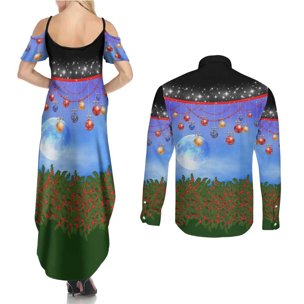 German Shepherd Christmas Couples Matching Summer Maxi Dress and Long Sleeve Button Shirt with Santa Sleigh and Holiday Ornament Design - Wonder Print Shop