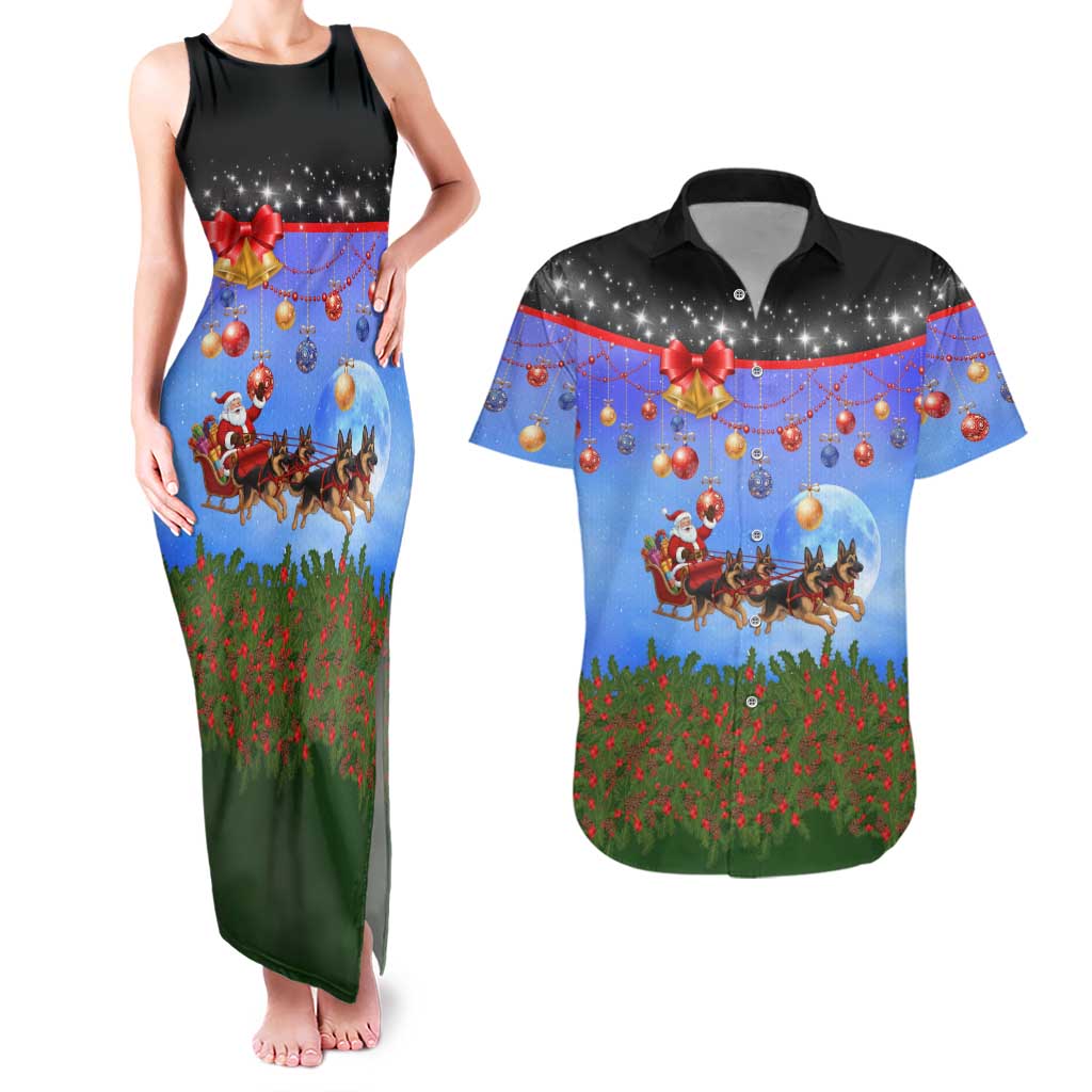 German Shepherd Christmas Couples Matching Tank Maxi Dress and Hawaiian Shirt with Santa Sleigh and Holiday Ornament Design - Wonder Print Shop