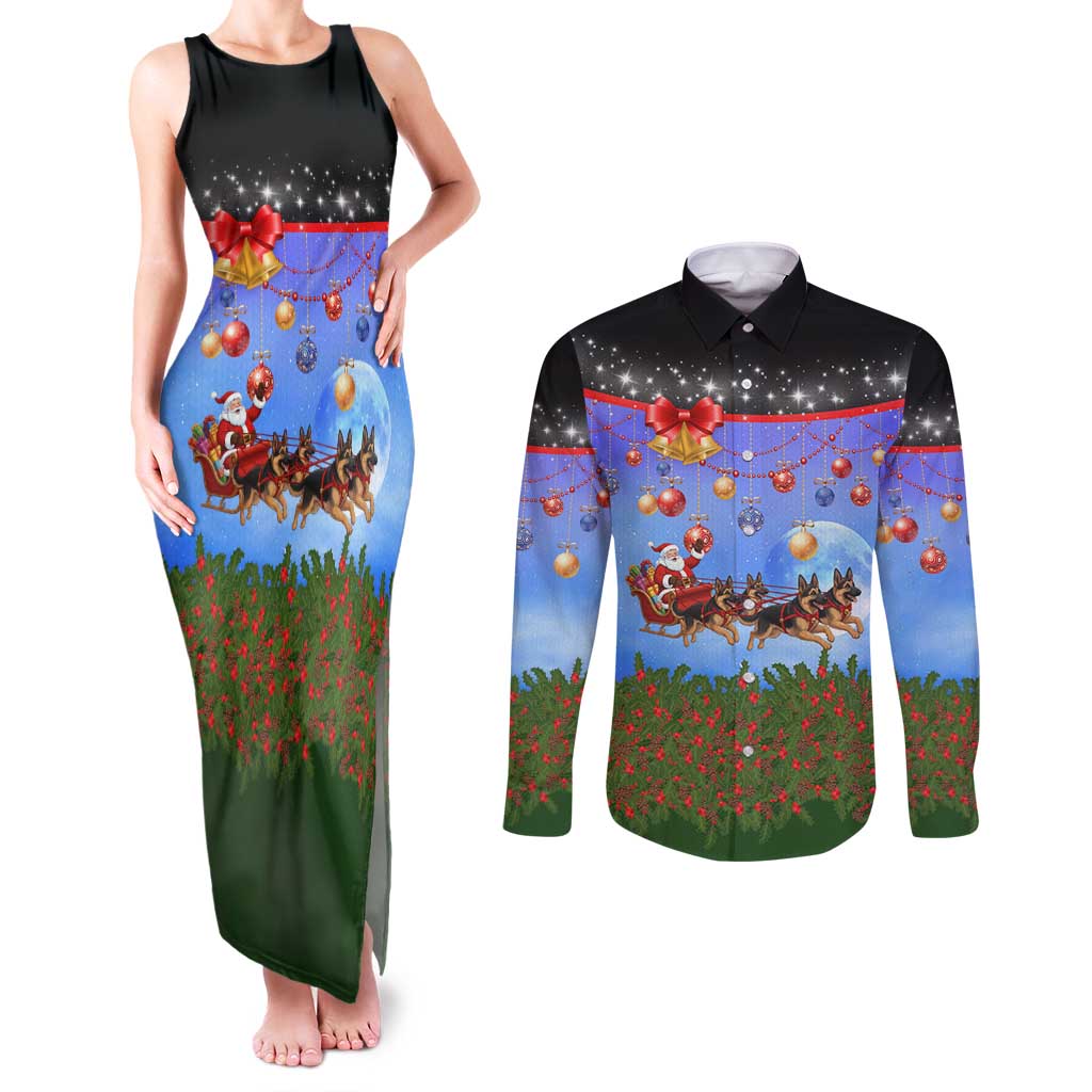German Shepherd Christmas Couples Matching Tank Maxi Dress and Long Sleeve Button Shirt with Santa Sleigh and Holiday Ornament Design - Wonder Print Shop